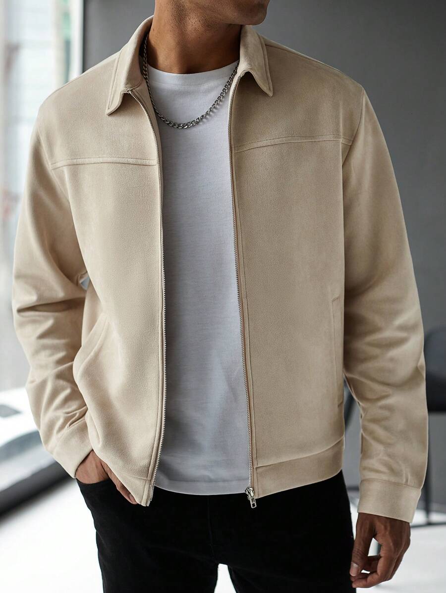 Manfinity Hypemode Jaqueta Casual Masculina de Manga Longa com Zíper, Cor Sólida, para Outono/Inverno