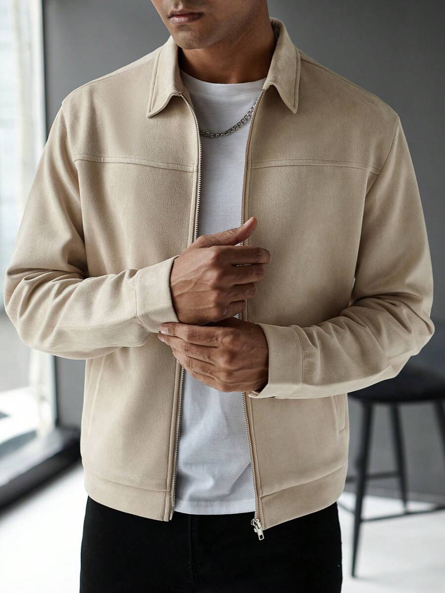 Manfinity Hypemode Jaqueta Casual Masculina de Manga Longa com Zíper, Cor Sólida, para Outono/Inverno