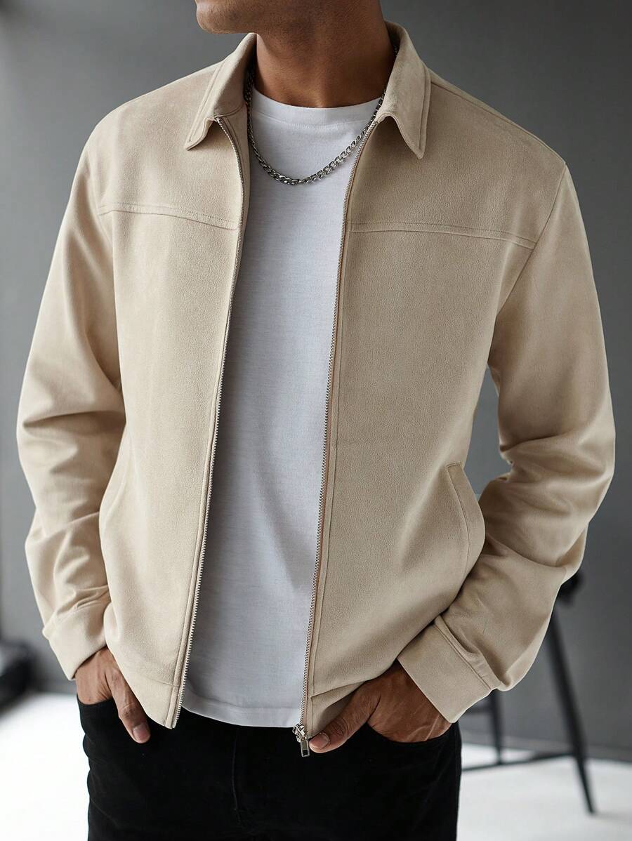 Manfinity Hypemode Jaqueta Casual Masculina de Manga Longa com Zíper, Cor Sólida, para Outono/Inverno