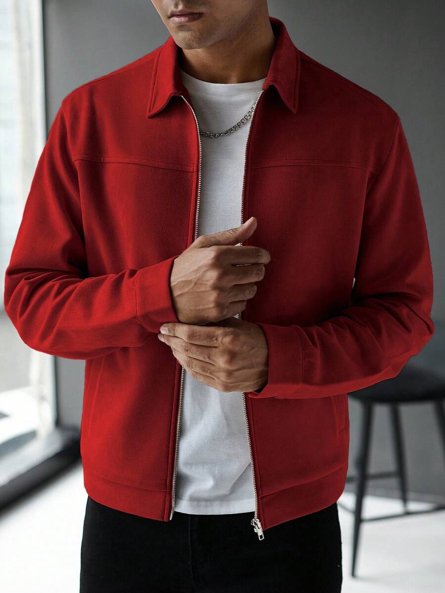 Manfinity Hypemode Jaqueta Casual Masculina de Manga Longa com Zíper, Cor Sólida, para Outono/Inverno