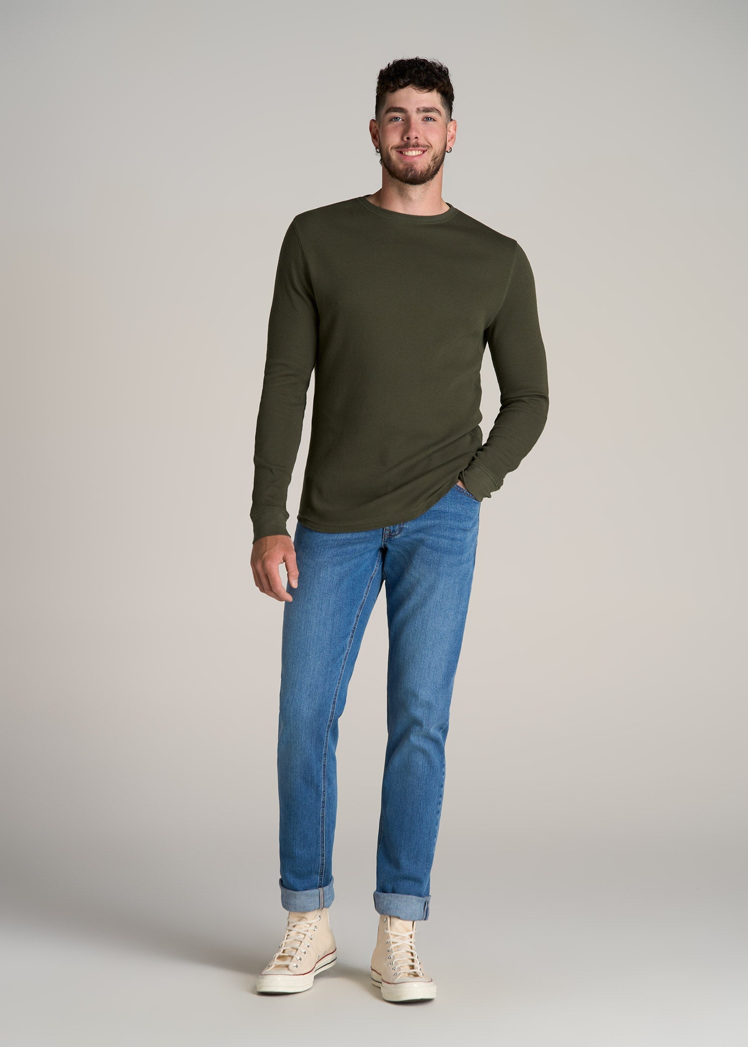 Double Honeycomb Thermal Crewneck for Tall Men in Dark Olive Green