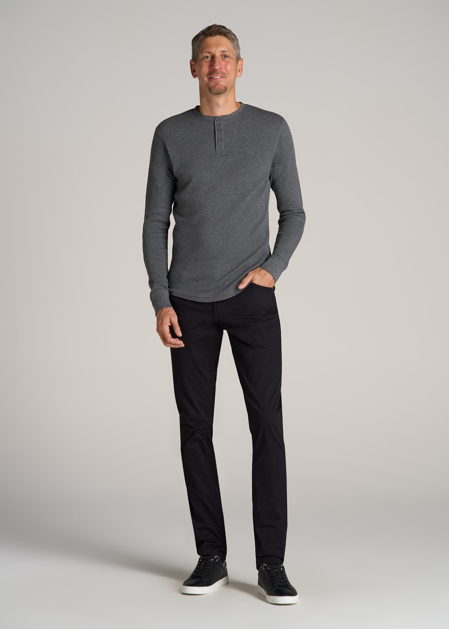 Double Honeycomb Thermal Long-Sleeve Henley Shirt for Tall Men in Charcoal Mix
