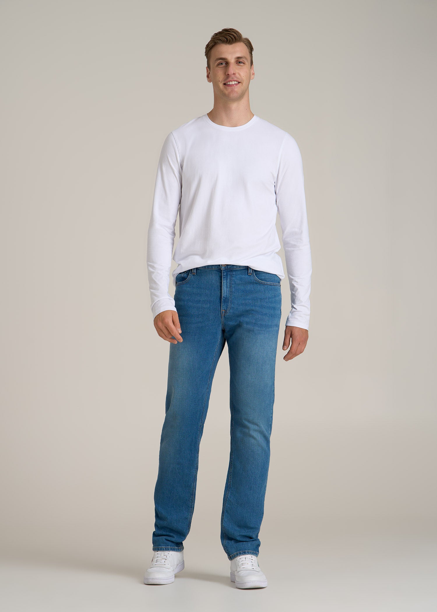 The Essential Modern Fit Crewneck Long Sleeve Tee for Tall Men in White