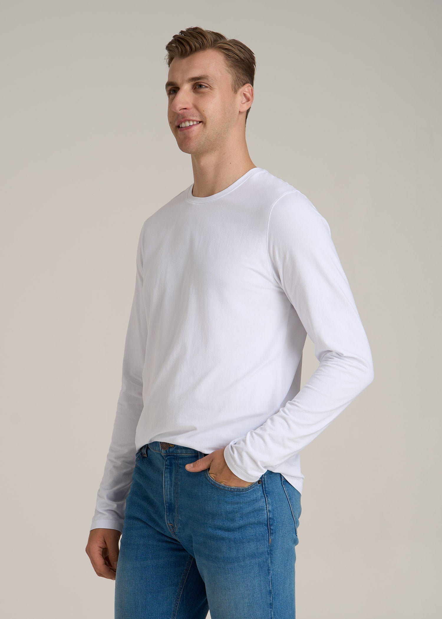 The Essential Modern Fit Crewneck Long Sleeve Tee for Tall Men in White