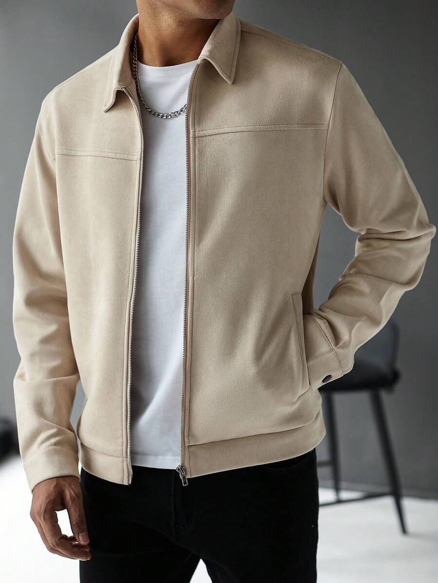 Manfinity Hypemode Jaqueta Casual Masculina de Manga Longa com Zíper, Cor Sólida, para Outono/Inverno