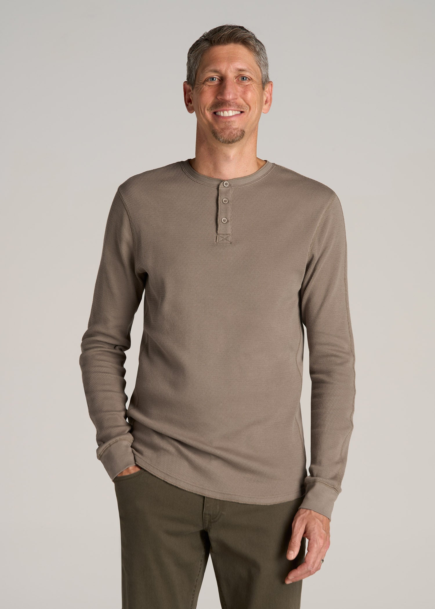Double Honeycomb Thermal Long-Sleeve Henley Shirt for Tall Men in Dark Sand