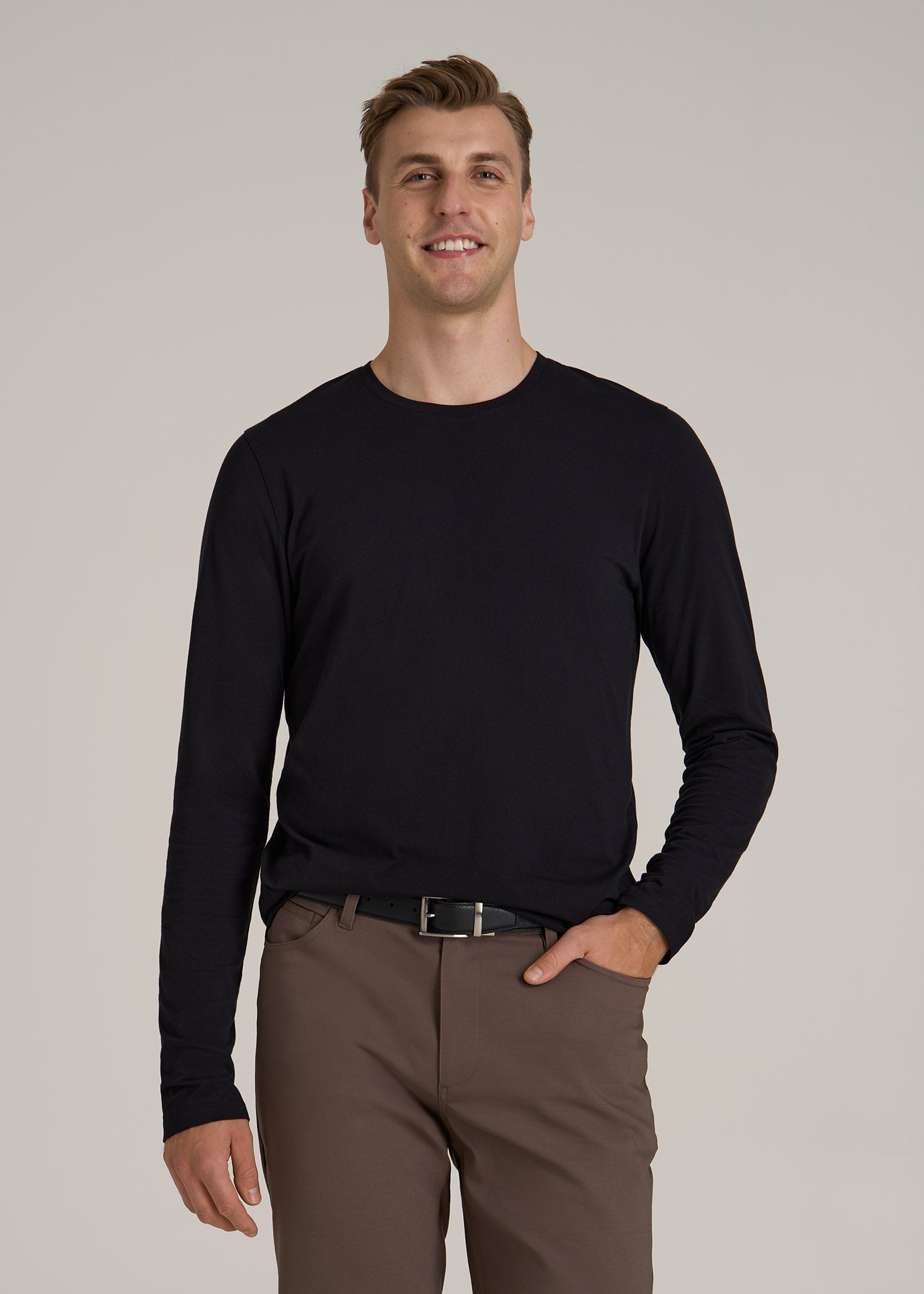 The Essential Modern Fit Crewneck Long Sleeve Tee for Tall Men in Black