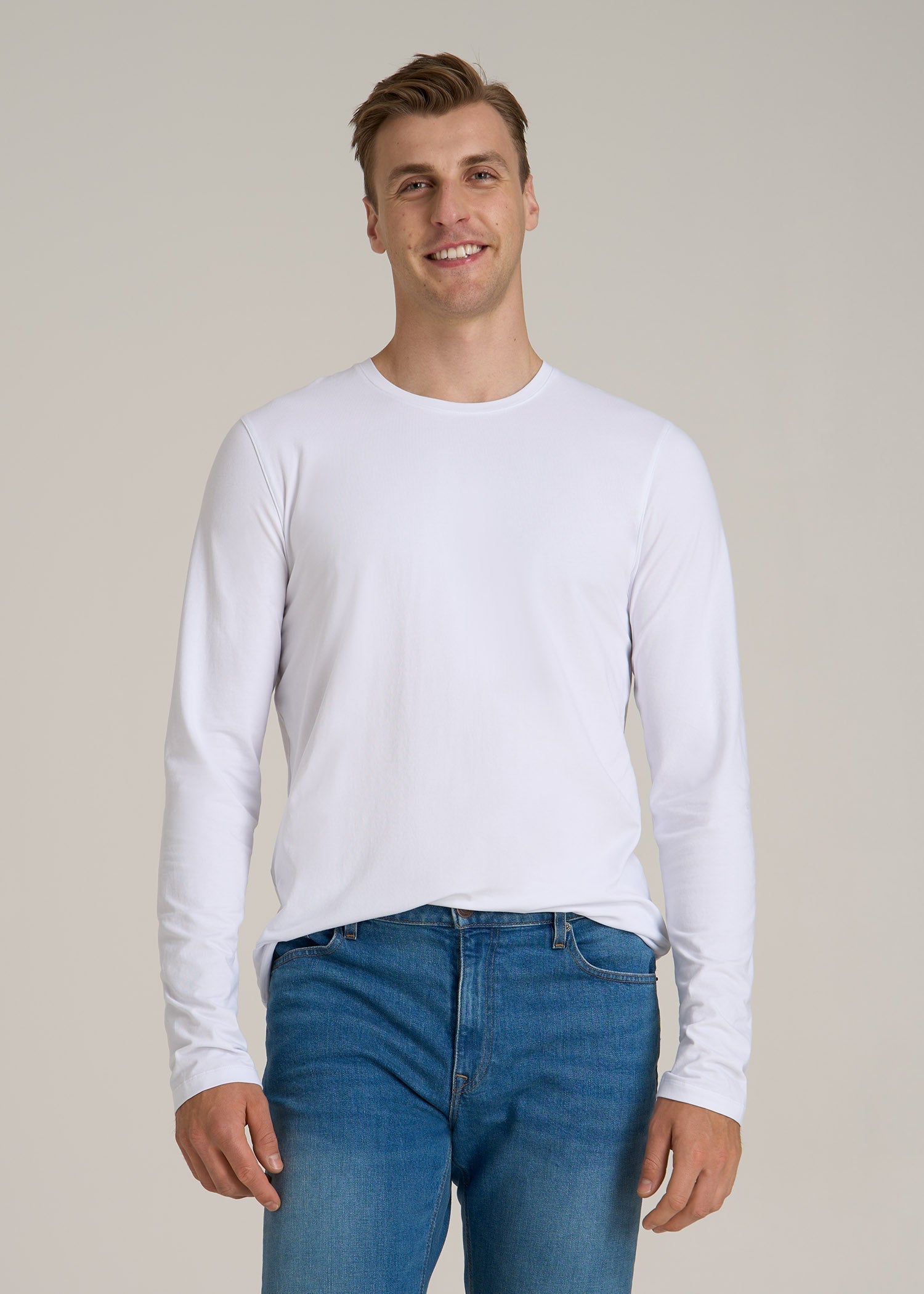The Essential Modern Fit Crewneck Long Sleeve Tee for Tall Men in White