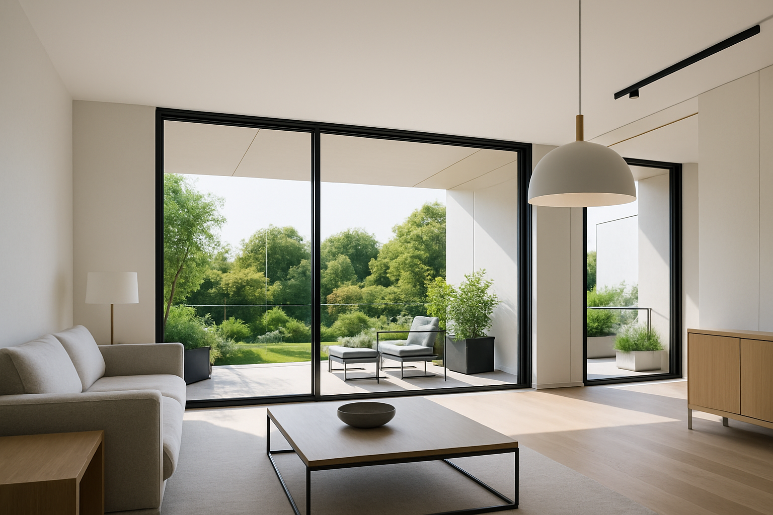 crie uma sala moderna com saida para a varanda com jardim 