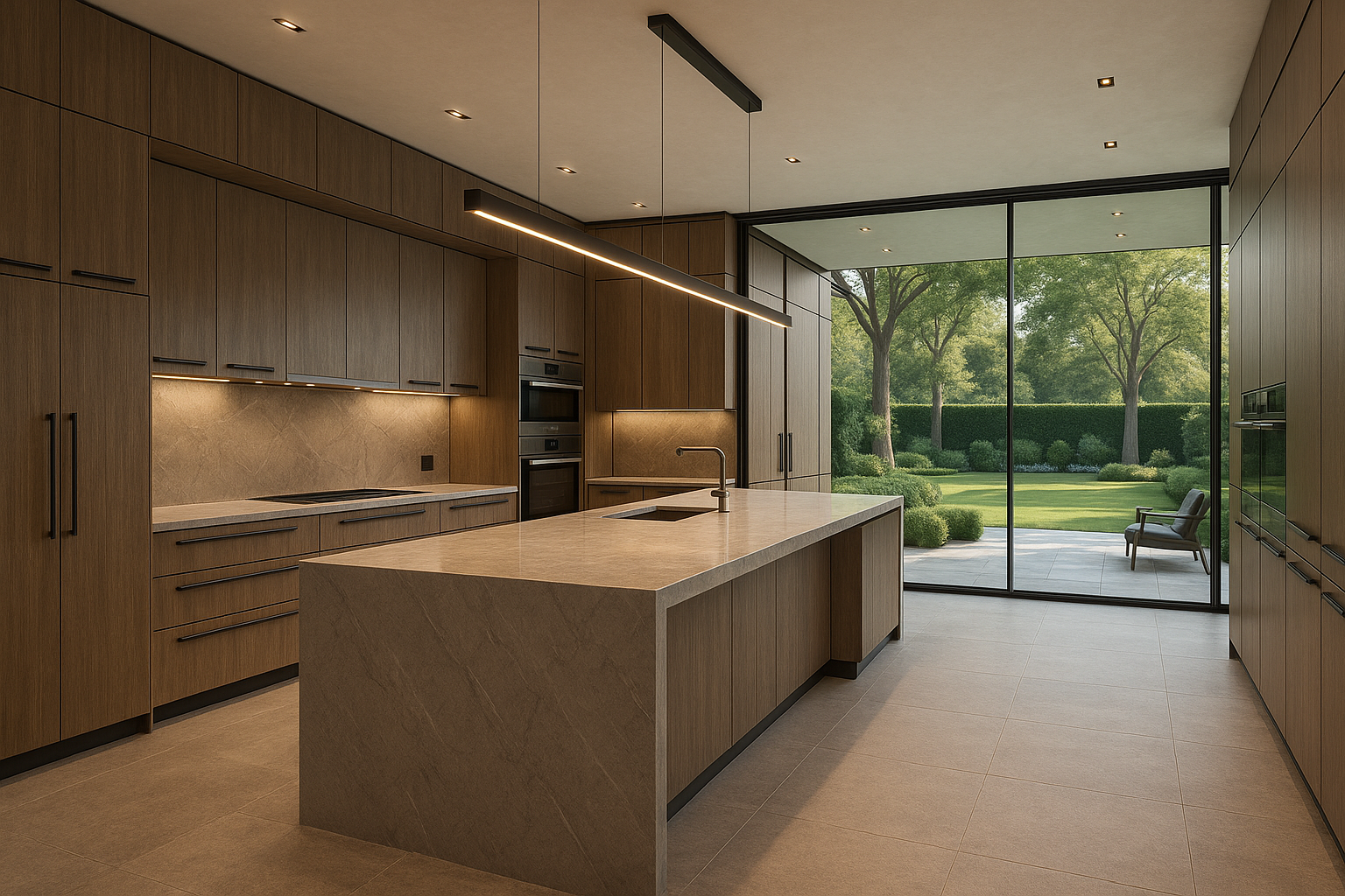 improve some interior details and visuals American kitchen with a modern look, planned furniture with sophistication and a futuristic appearance, with glass separating the interior from the exterior of the house and a view of the back and the garden